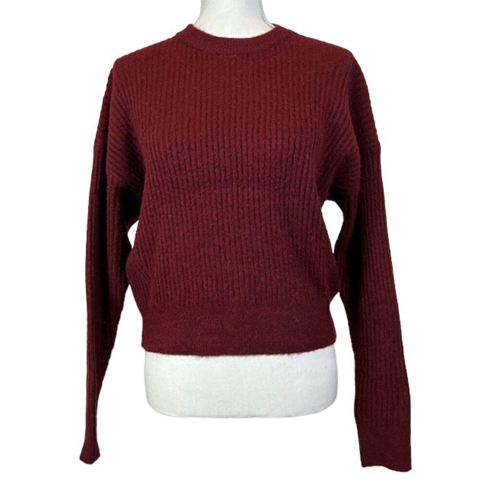 Elodie Ribbed Knit Cropped Sweater Burgundy Marled Crew Neck Soft Size Small